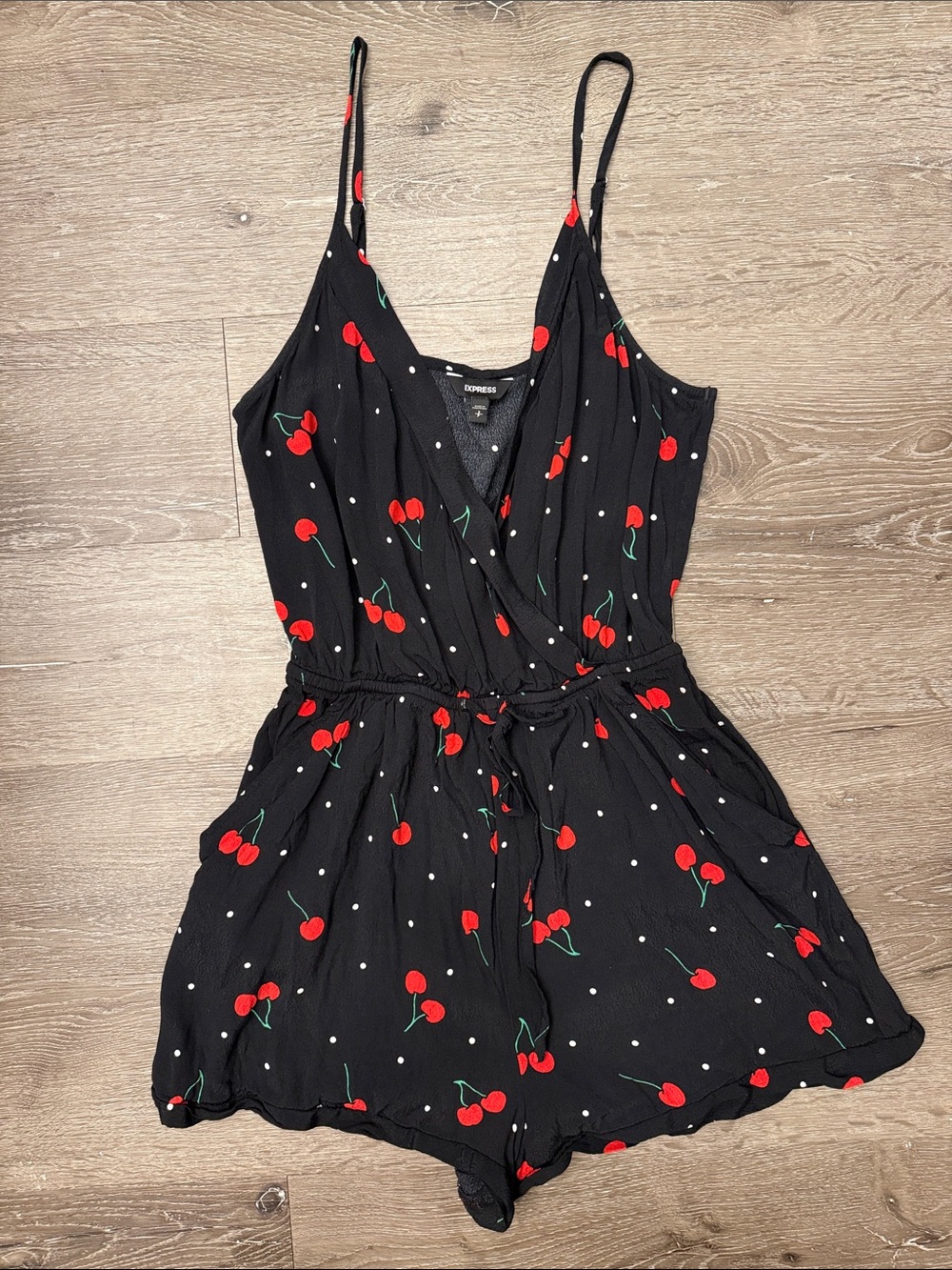 🔴LAST CALL‼️ Express Black Cherry Print Spaghetti Strap Romper